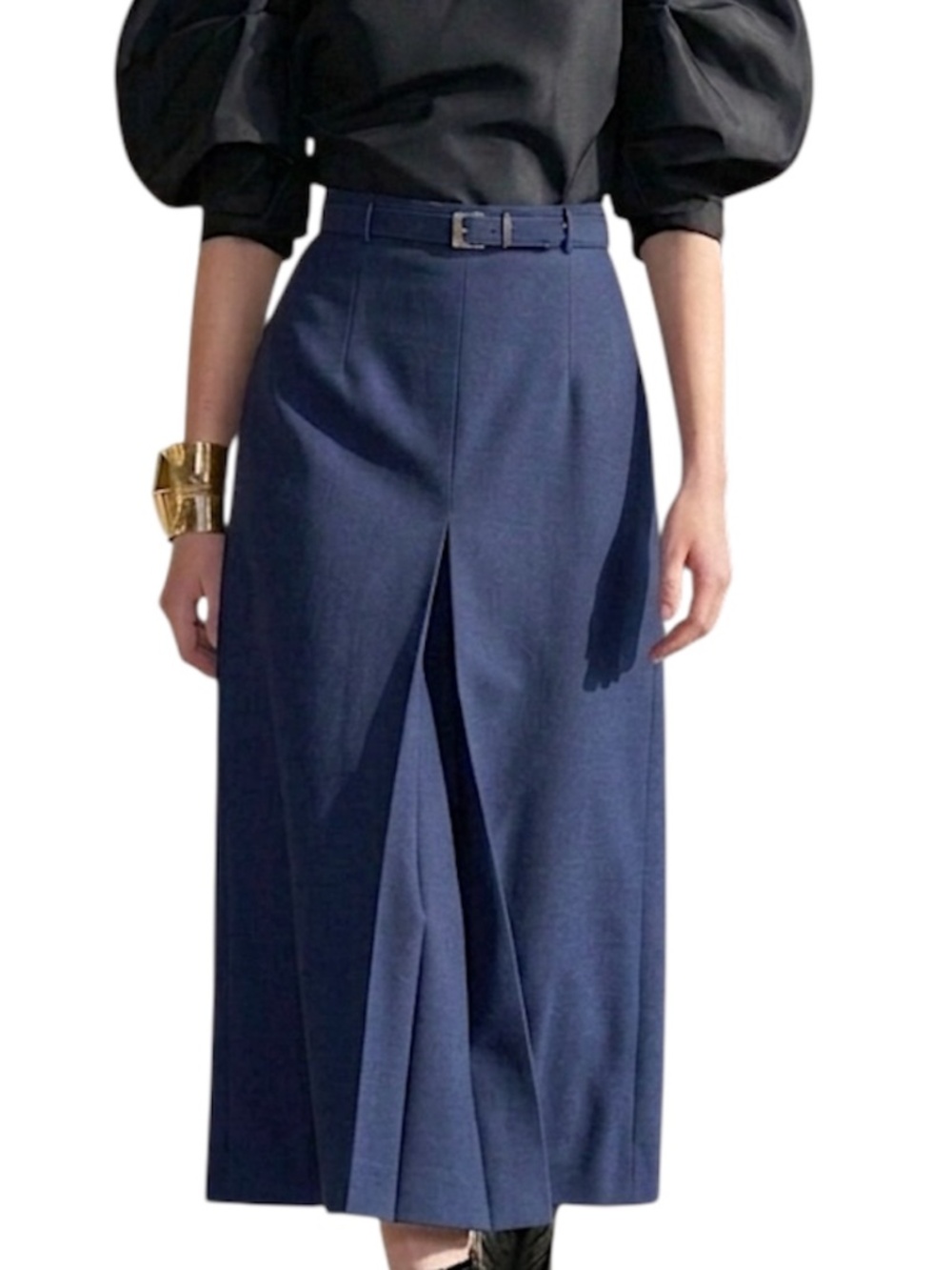 VTG 70s navy blue pleated old money quiet luxury minimal a-line midi skirt